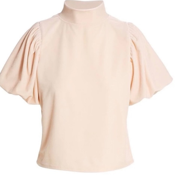 Free People Claudia T-Shirt Velvet Puff Sleeve Mock Neck Blush Pink Sz S - Picture 2 of 8